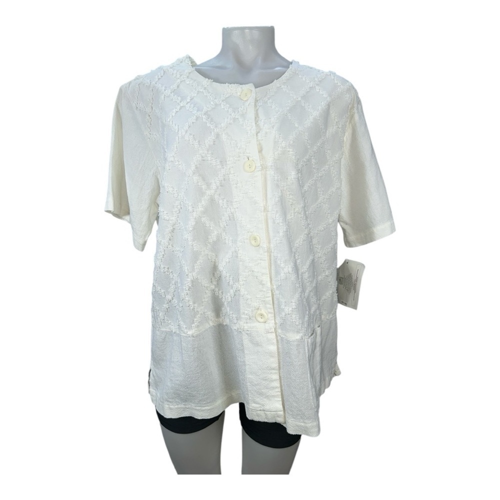 FOCUS USA Sz L Shirred Chenille Diamond Cotton Jacket Topper Off White Button-Up